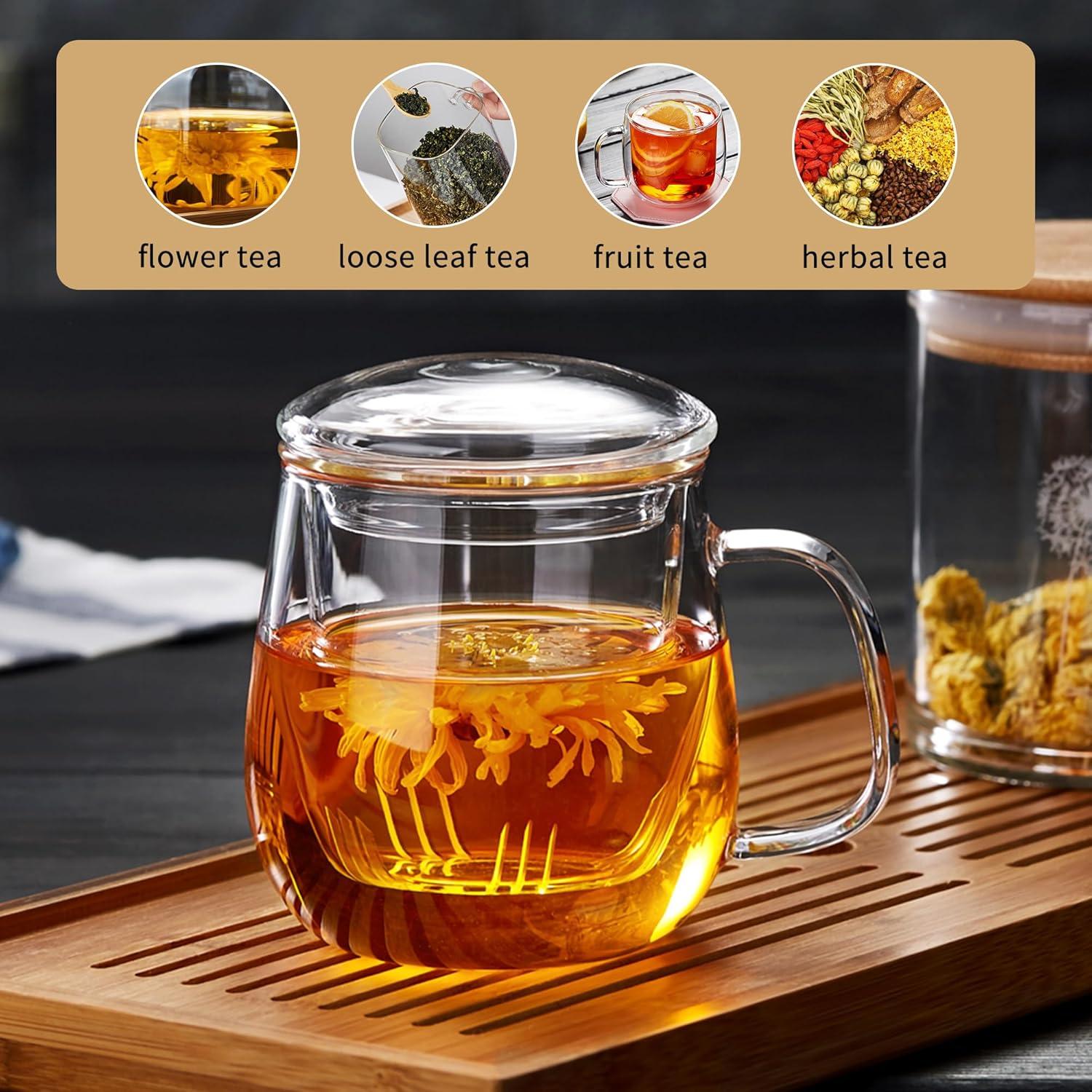 Large Clear Borosilicate Glass Tea Cup with Infuser and Lid, 17.6oz - For Loose Leaf Tea Enjoyment Teacup Mug