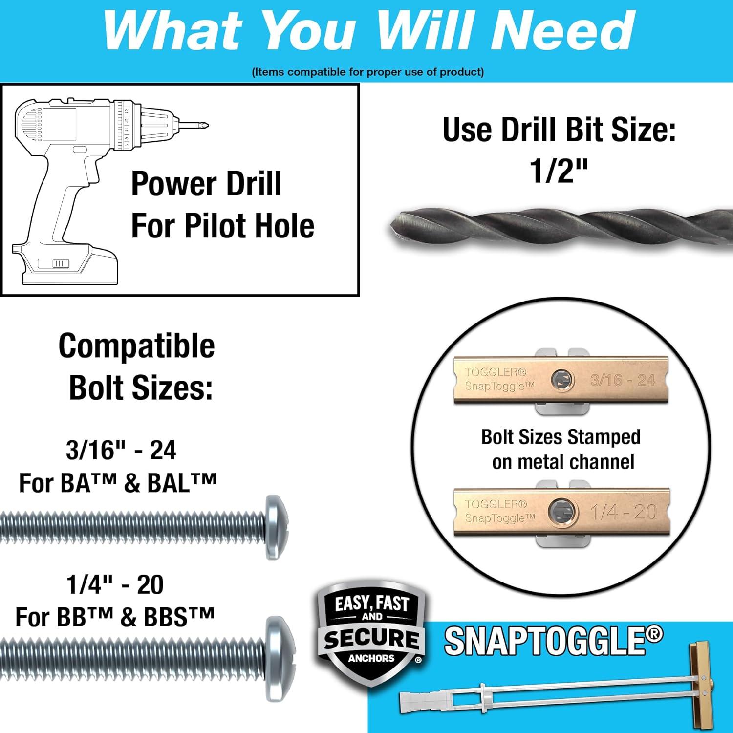 TOGGLER SNAPTOGGLE Heavy-Duty Drywall Toggle Bolt – 3/16"-24 UNC Zinc-Plated Anchor for Hollow Walls, Plaster & Tile – Holds 238 lbs in 1/2" Drywall, Easy Install – 100 Pack (W/Roundhead Bolts)