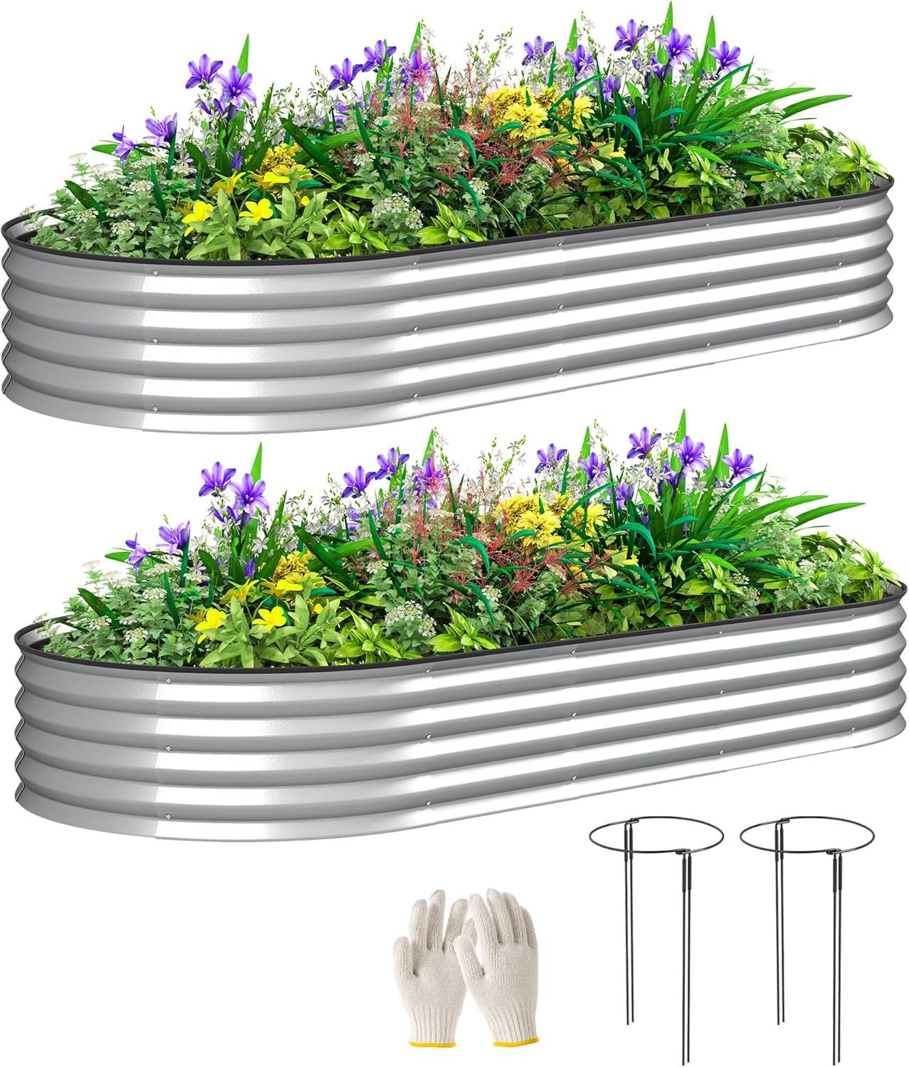 Outsunny 2PCS Galvanized Raised Garden Bed, 7' x 3' x 1' Raised Beds for Gardening with Metal Plant Stakes, Silver