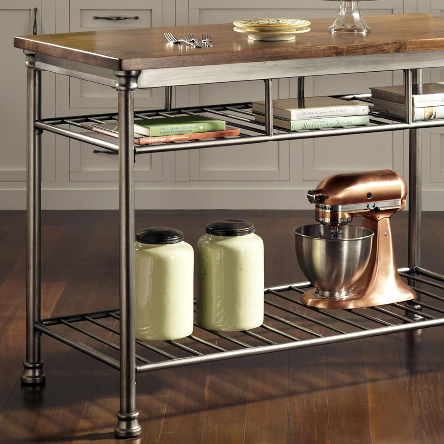 Orleans Kitchen Island: Homestyles Metal Frame, Wood Surface, 2 Shelves Storage Cart - Brown