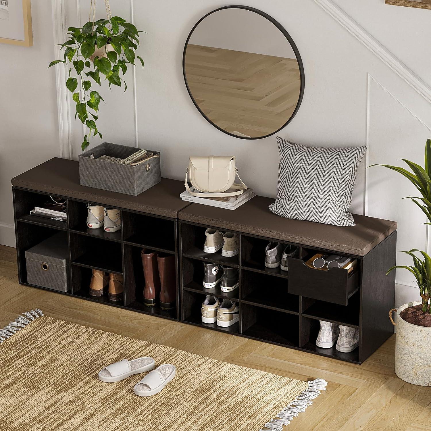 Shoe Rack Bench with Cushion 15-Cube Storage Bench Storage Cabinet for Entryway Espresso
