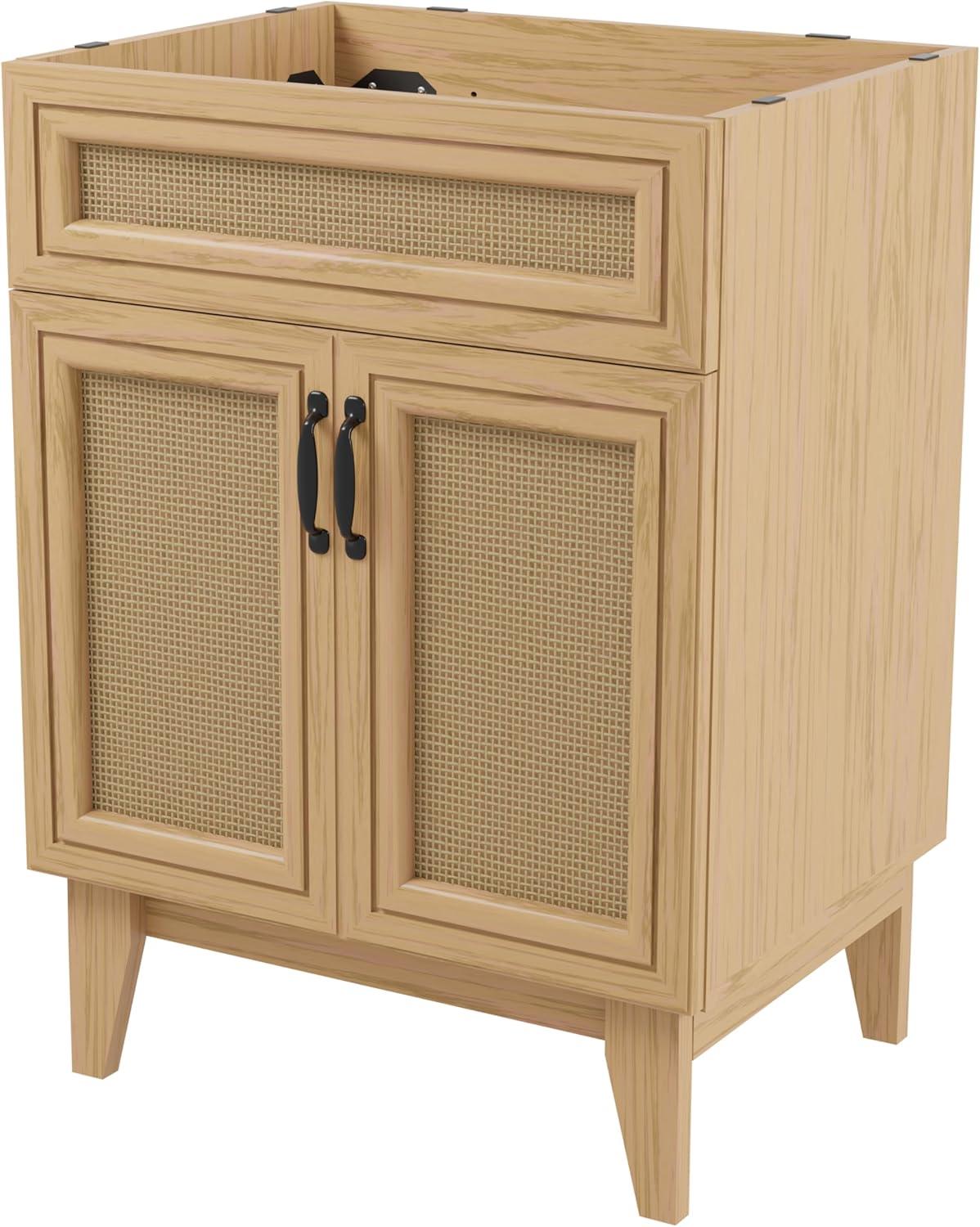 Javer 24" Rattan Modern Farmhouse 2-Shelf Bath Vanity Cabinet Only (Sink Basin not Included)