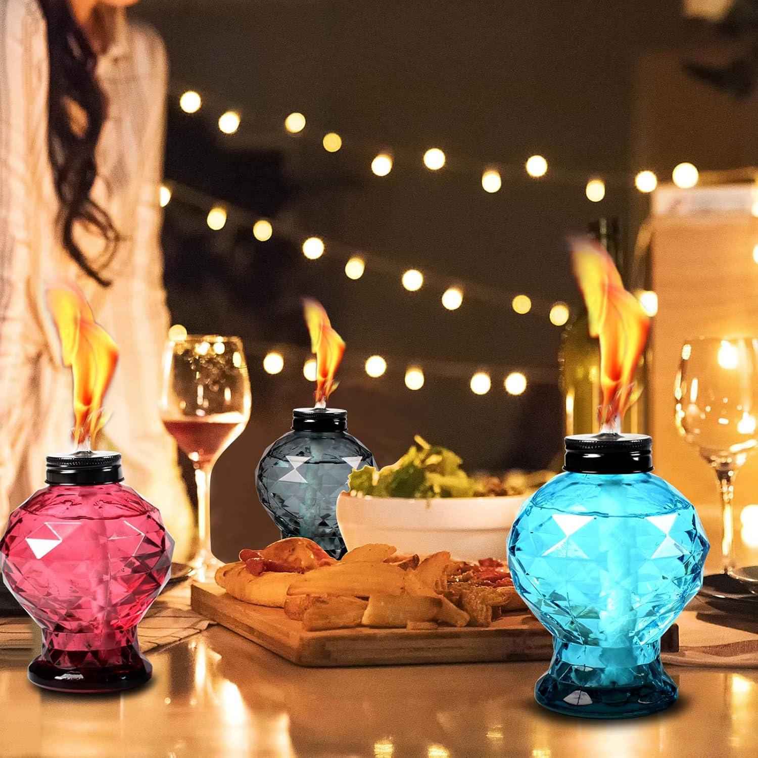 TRAHOO-4 Pack Glass Table Top Light Torches for Outside, Easy to Refill Glass Citronella Torches Outdoor Lanterns, Wick and Cap Included Torch for Garden Patio Yard Party