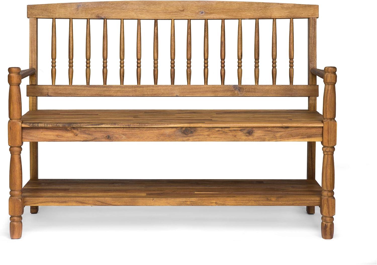 Eddie Teak Finish Farmhouse Acacia Wood Bench with Shelf