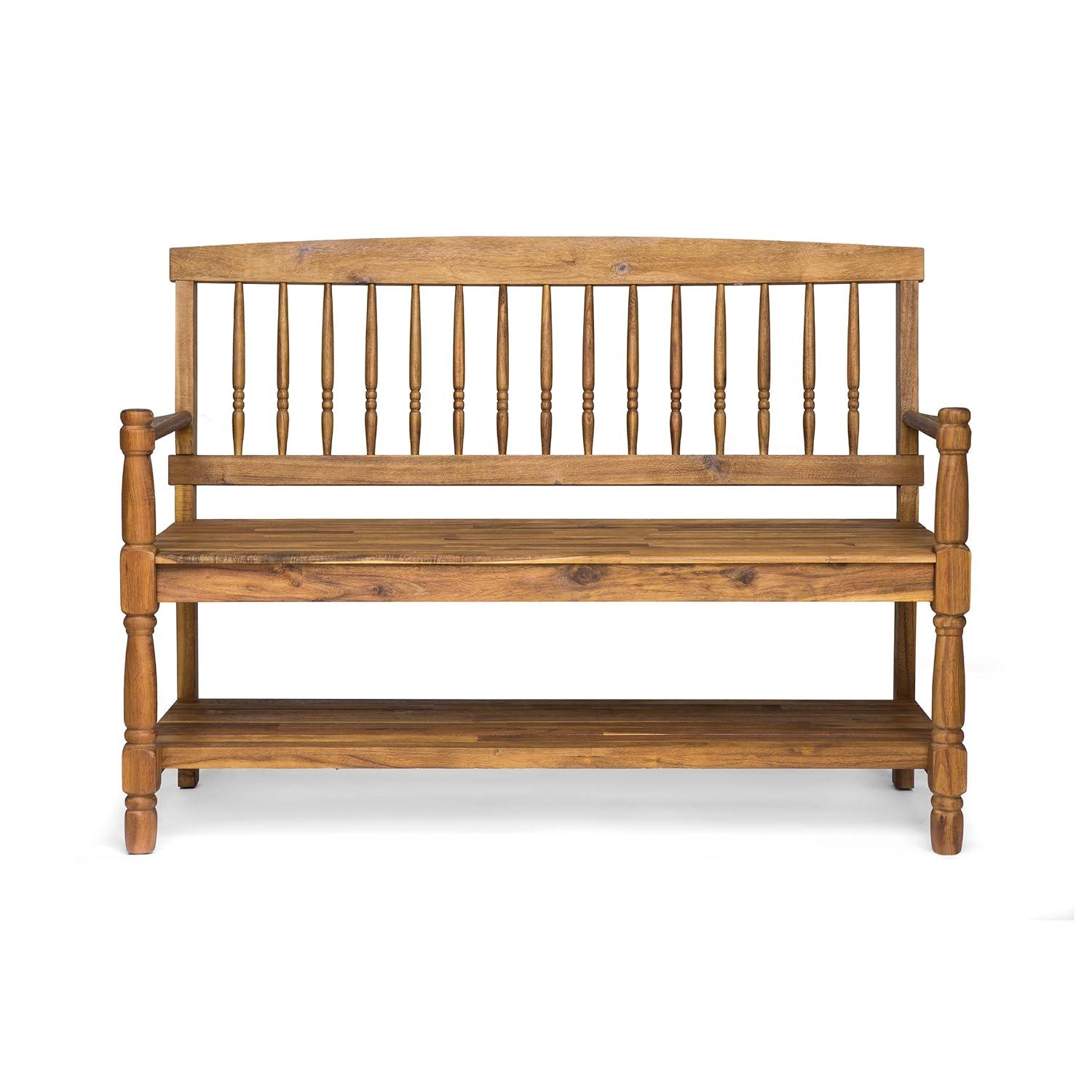 GDF Studio Kuhn Indoor/Outdoor Acacia Wood Bench with Shelf, Teak