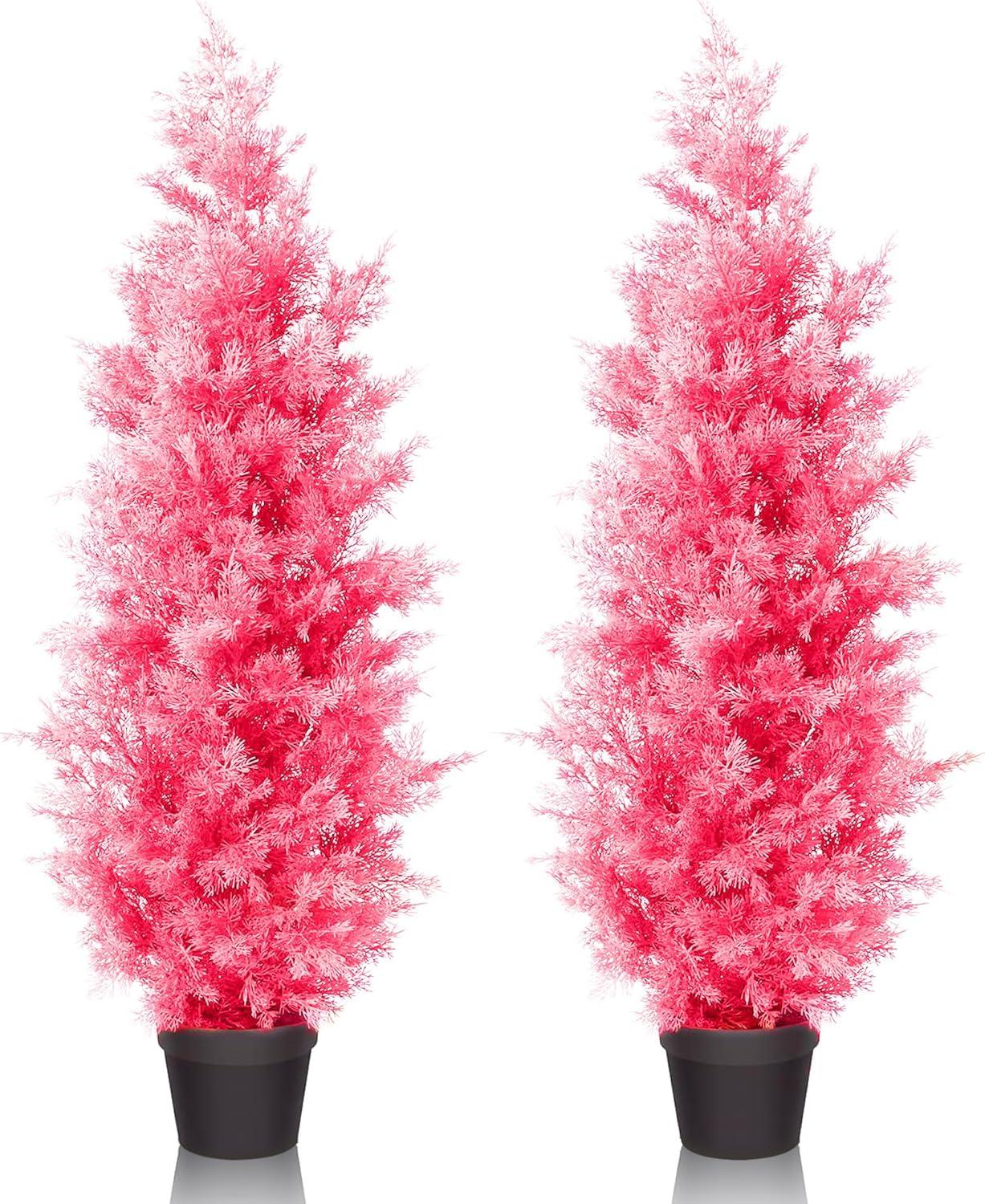 LINBONIO 4 ft Pink Artificial Cedar Tree UV Protection Faux Cedar Pines Outdoor Garden Office Store Front Porch Decoration 2 Pack