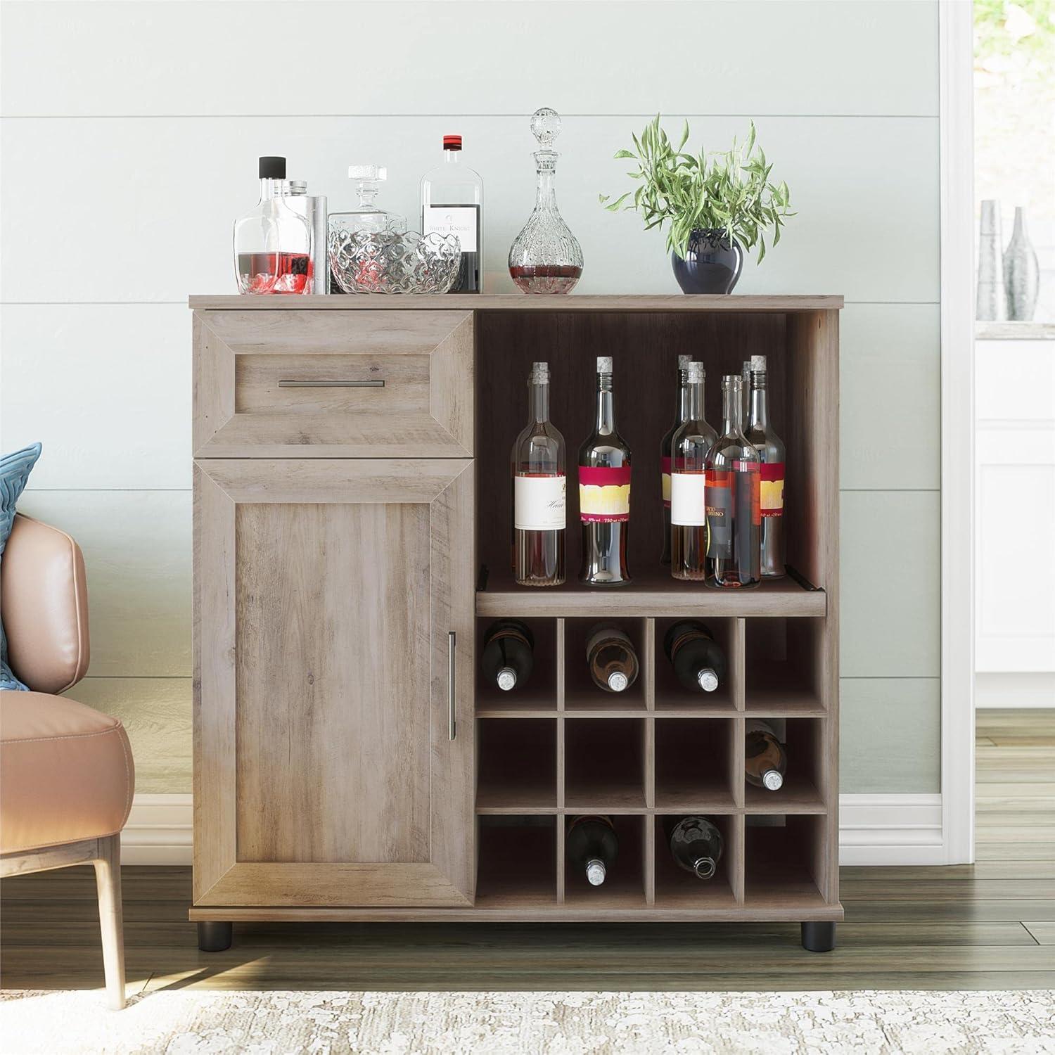 Gray Oak Particle Board Bar Cabinet with Wine Rack and Shelves