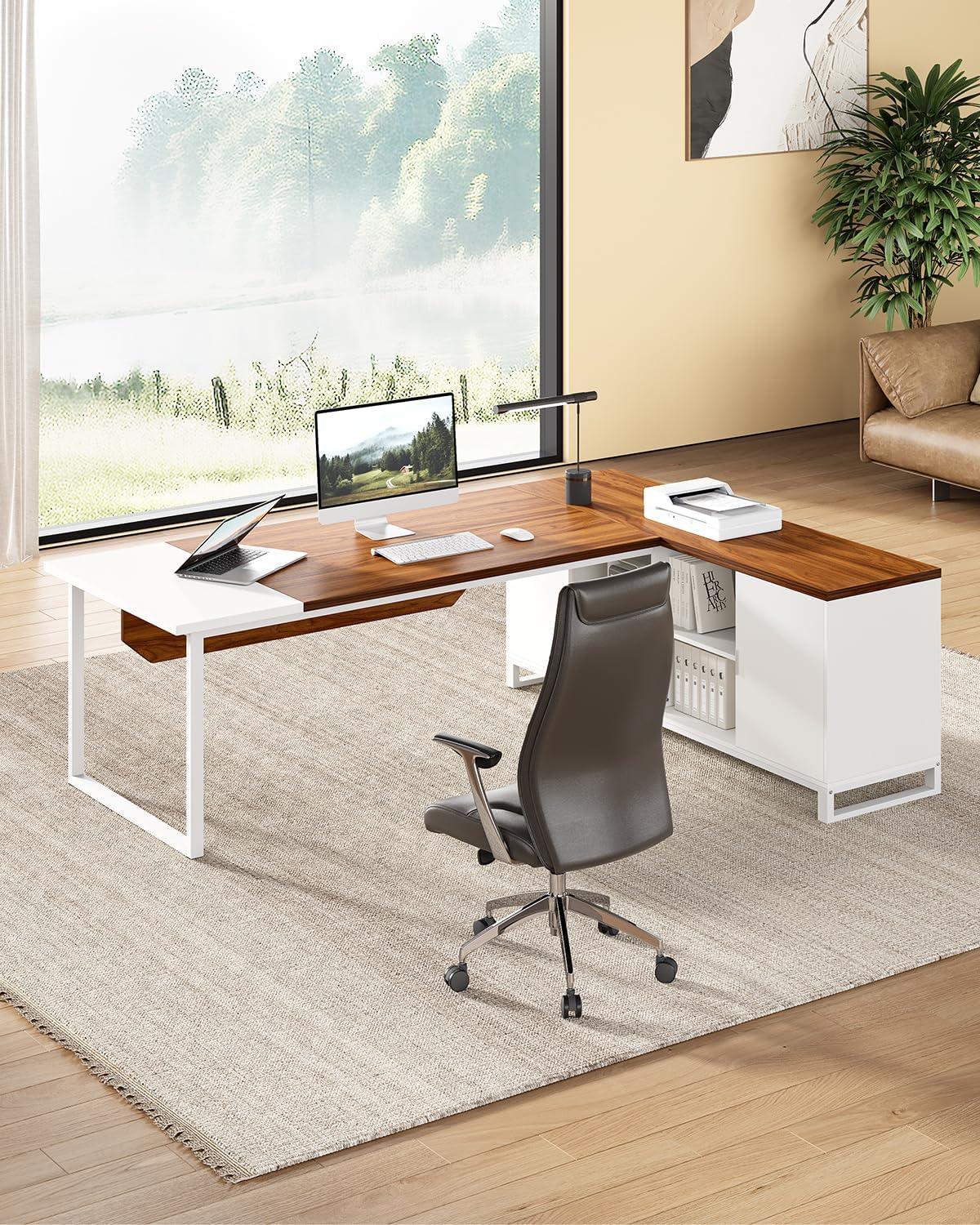 LITTLE TREE 70.8 Inches Executive Desk and 55 Inches File Cabinet Combo, Large L Shaped Computer Desk with Storage Cabinet and Shelves, Modern Business Furniture for Home Office, Rustic Brown & Black