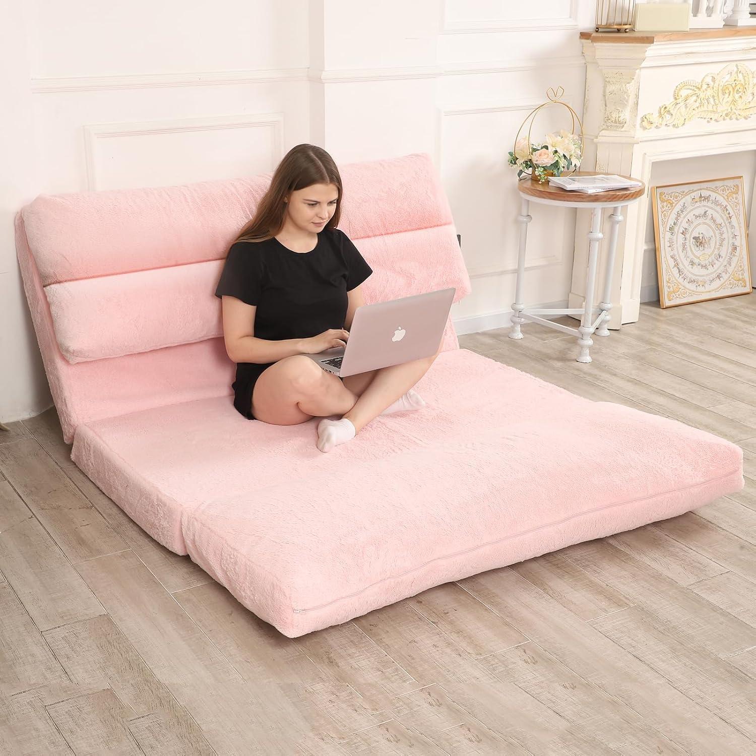 Pink Faux Fur Washable Sleeper Sofa Bed