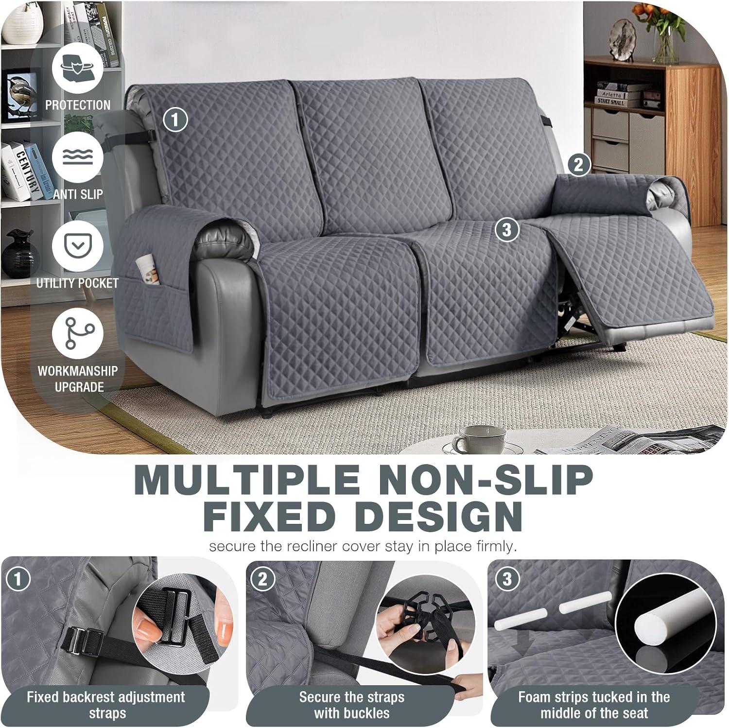 Latitude Run® Box Cushion Recliner 3 Seater Sofa Slipcover, Non-Slip Pet Reclining Couch Cover with Pockets Furniture Protector