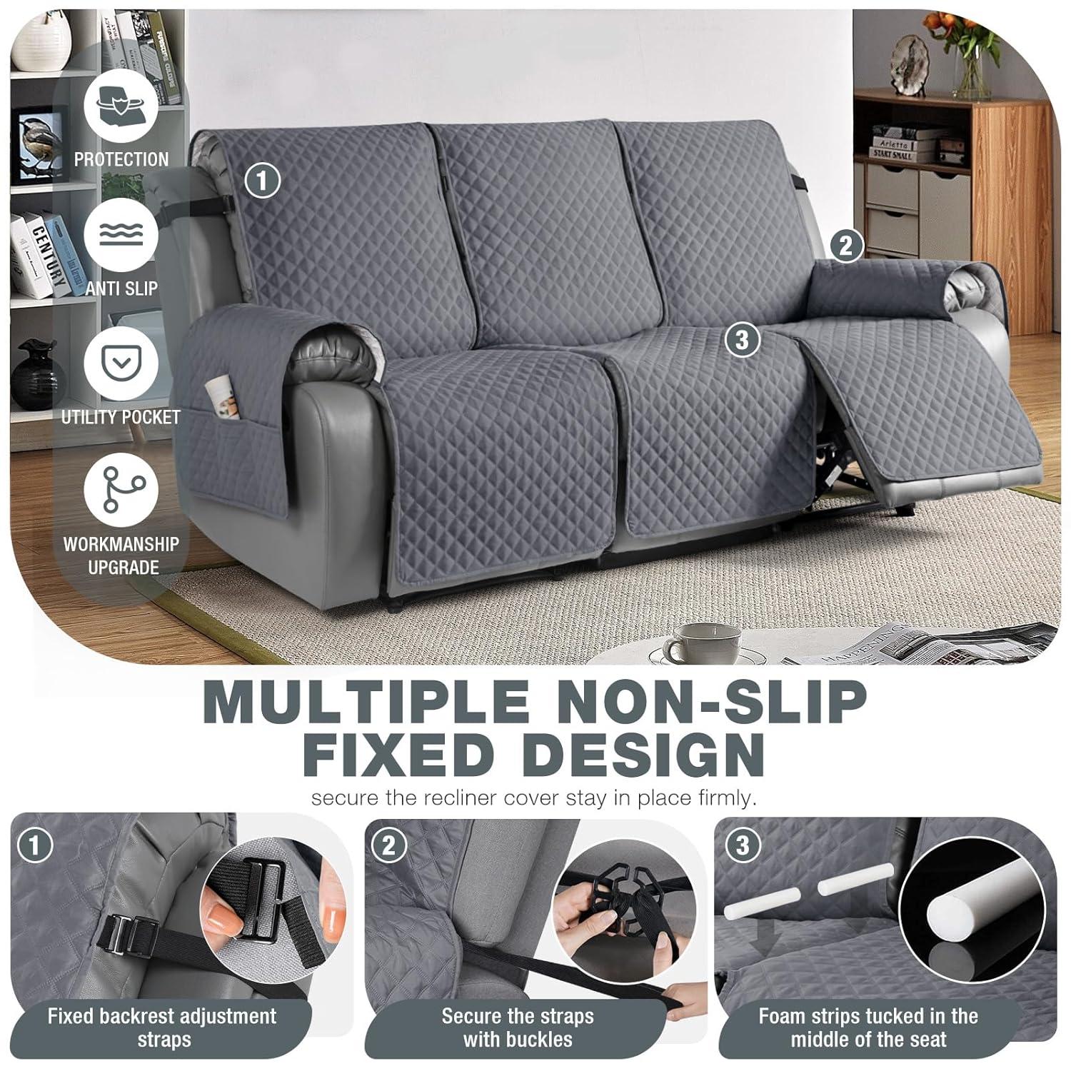 Latitude Run® Box Cushion Recliner 3 Seater Sofa Slipcover, Non-Slip Pet Reclining Couch Cover with Pockets Furniture Protector
