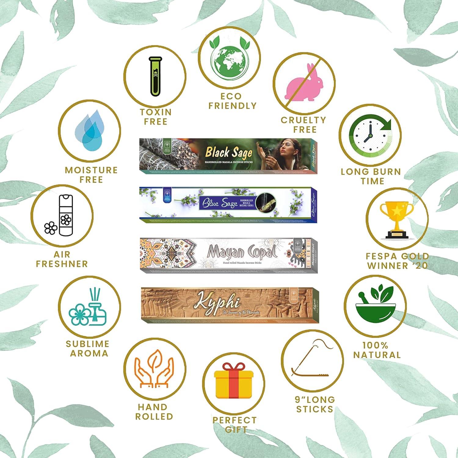 Soul Sticks Incense Sticks Spiritual Vibes Variety 4 Pack 100% Natural Masala Incense Organic Home Fragrance Agarbatti 15 Grams Per Pack 60 Grams Total