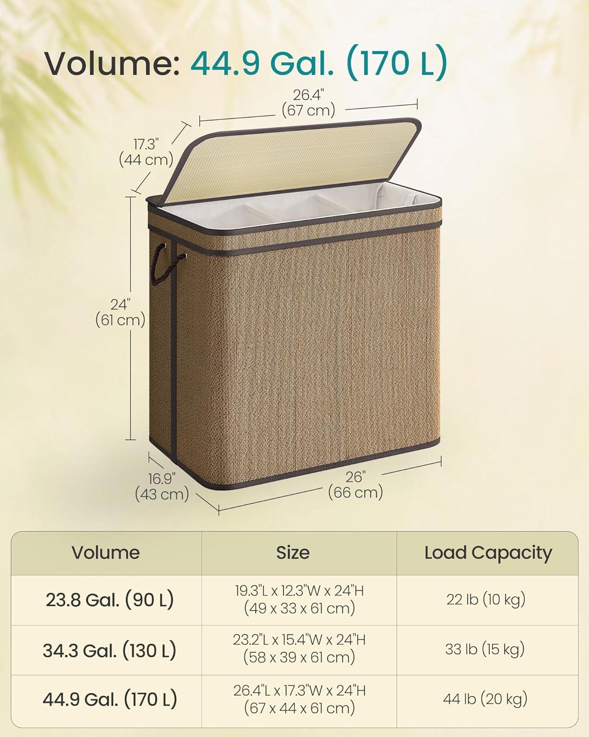 100L Laundry Hamper with Lid Bamboo Laundry Basket with Liner Bag Foldable Storage Hamper with Handles Gray