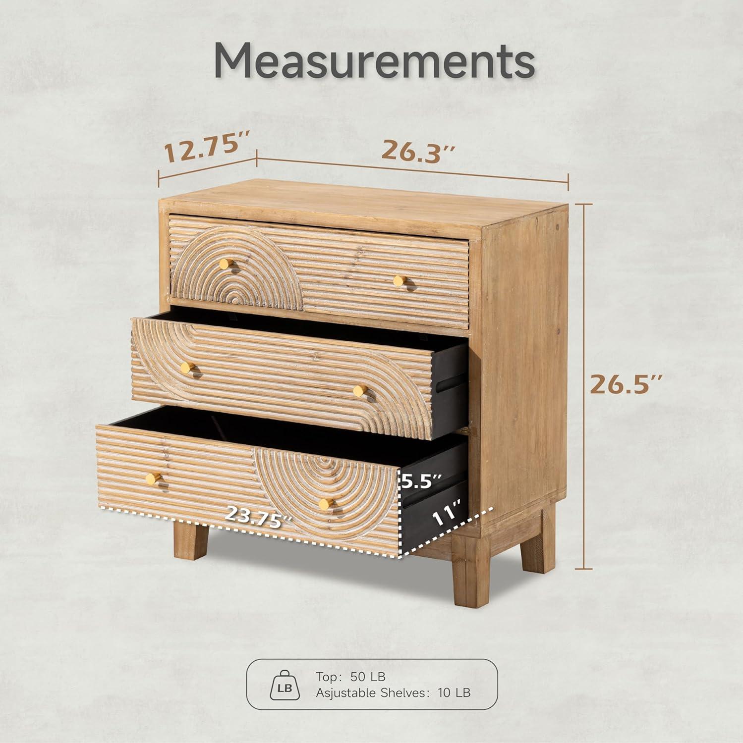 COZAYH 3-Drawer Farmhouse Dresser with Handicraft Wood Ring Motif, Fully Assembled Nightstand Wooden Finish for Boho, Mid-century, Rustic Style, Natural Wood