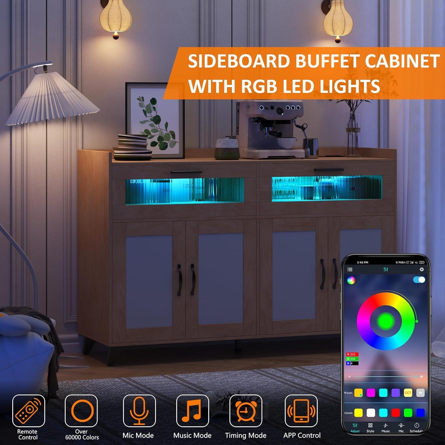 Garvee Sideboard Buffet Cabinet with Power Outlet & LED Light - Kitchen Storage Cabinet with 2 Fluted Acrylic Drawers & 4 Rattan Doors, Pink