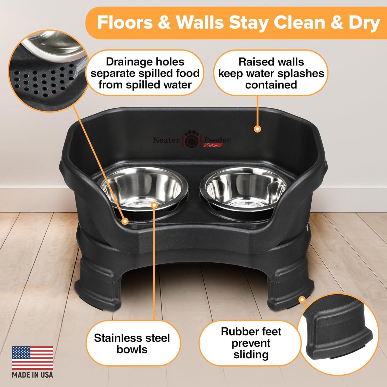 Neater Pets Neater Feeder Deluxe With Leg Extensions Mess-Proof Elevated Food & Water Bowls for Small Dogs, Midnight Black