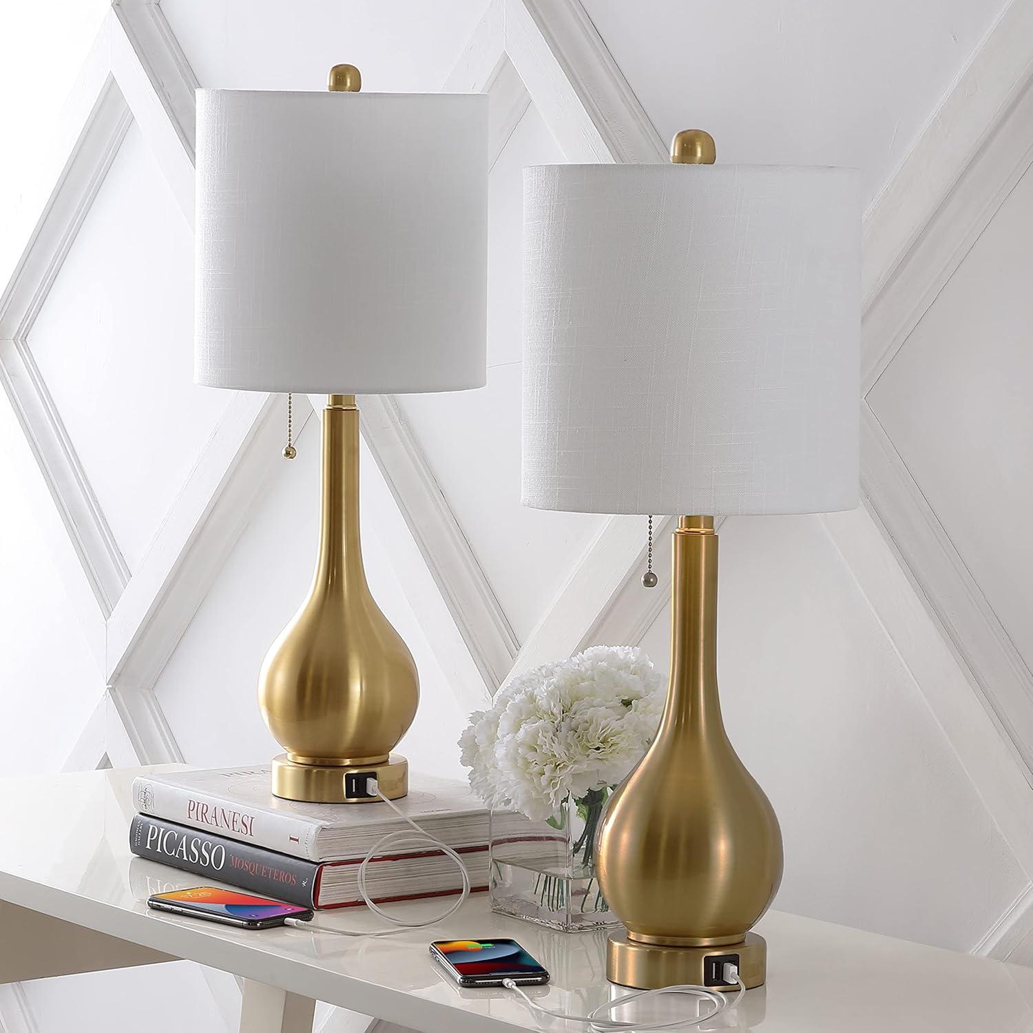 JONATHAN Y JYL1127C-SET2 Tyler 24" Modern Classic Gourd Iron LED Table Lamp with Pull-Chain with Dual USB Charging Port, for living room, dinning room Bulb Included, Brass Gold (Set of 2)