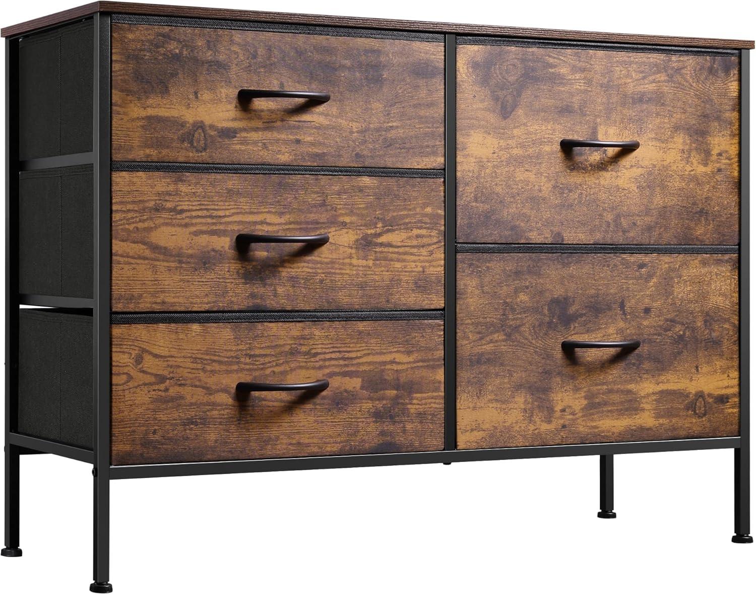 WLIVE Dresser for Bedroom with 5 Drawers, Wide Chest of Drawers for Bedroom, Fabric Dresser for Living Room, Closet, Hallway, Rustic Brown Wood Grain Print