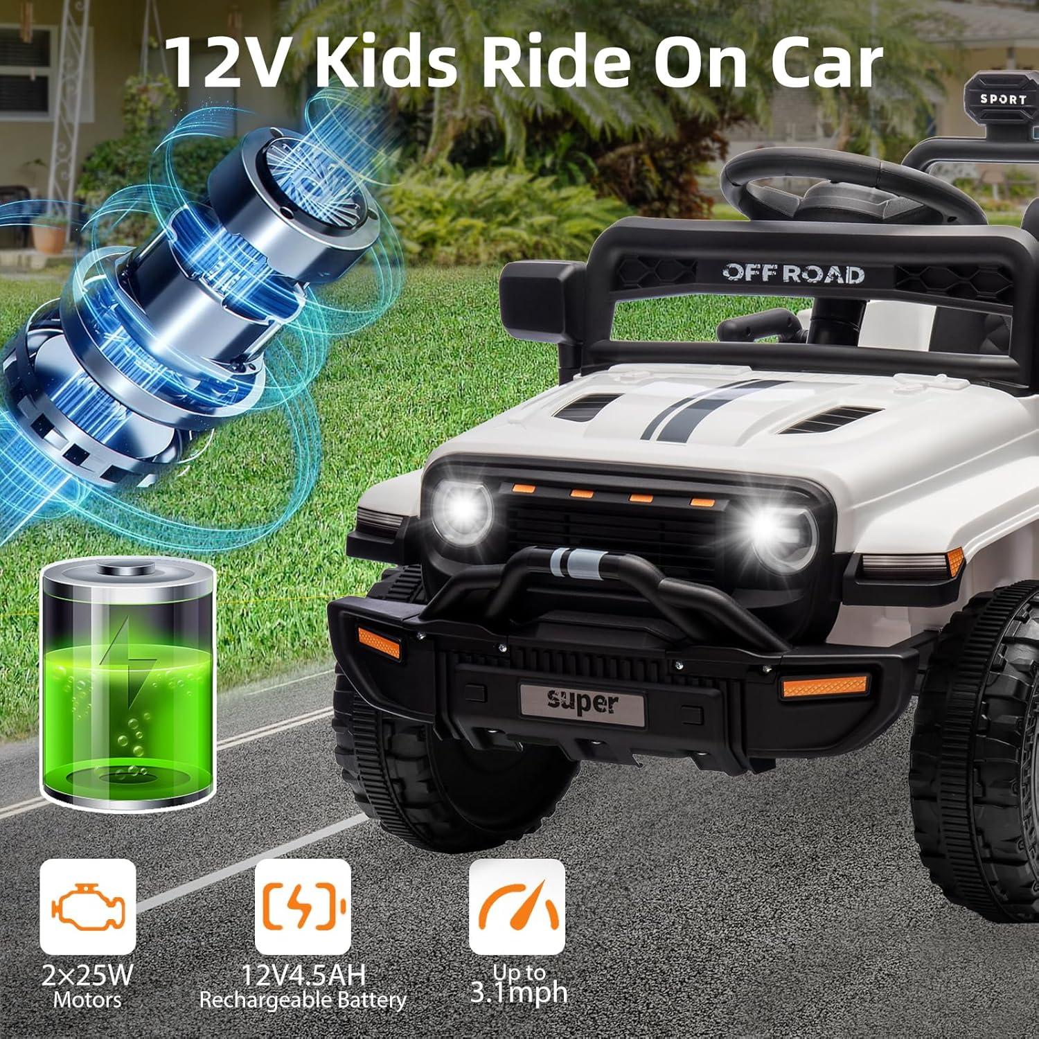 Ride On Truck for Kids, 12V Battery Powered Toy Car with Remote Control, Spring Suspension, LED Headlight and Music, Dual 25W Toddler Electric Vehicles for Girls Boys 3-5