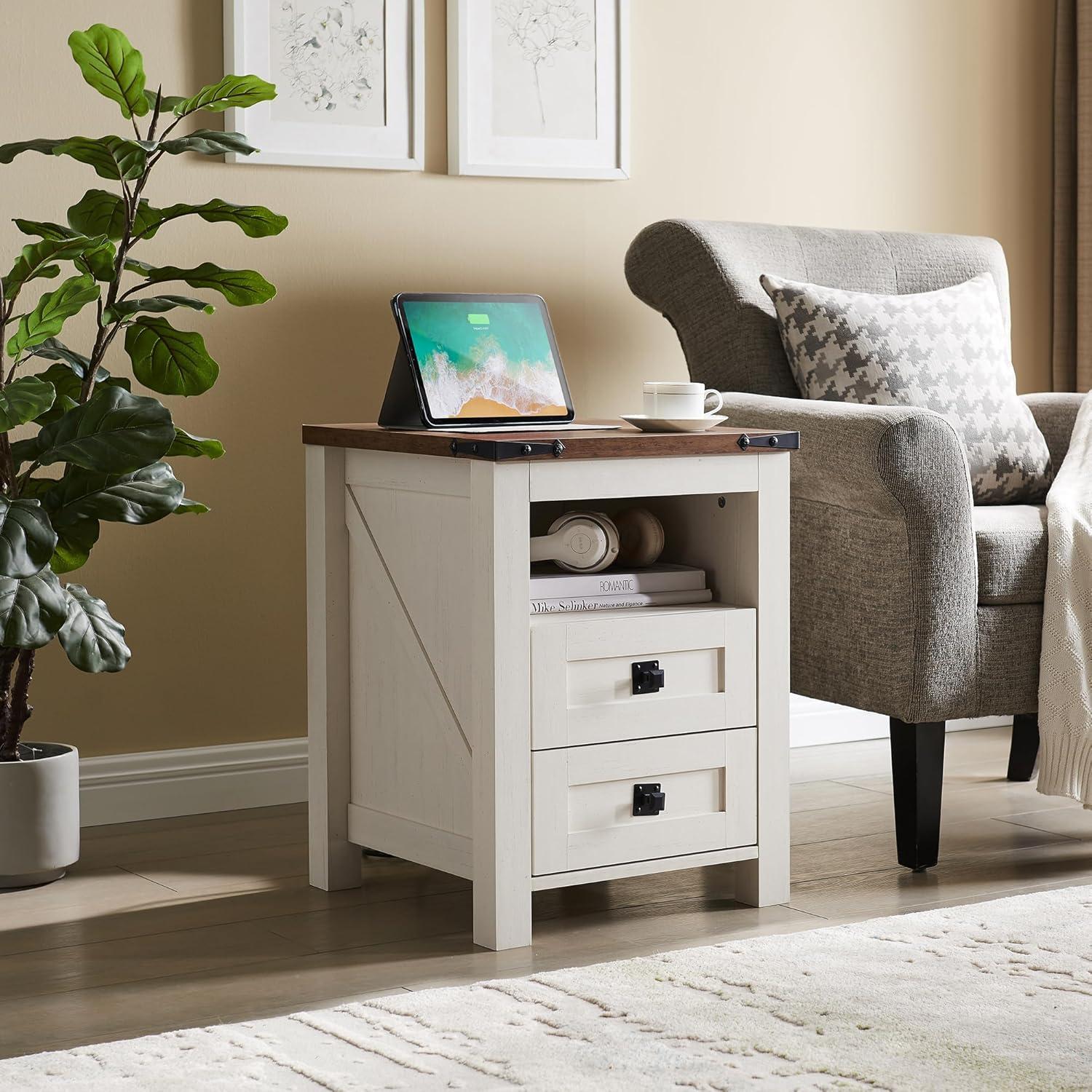 Antique White Rustic Wood Nightstand with Charging Station and 2 Drawers