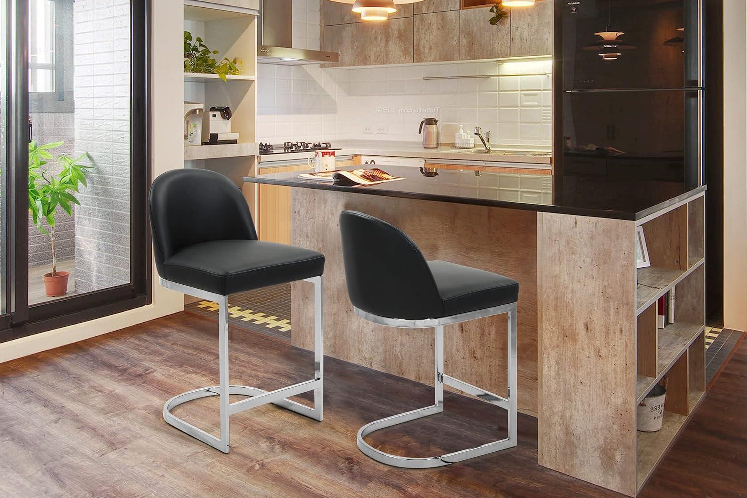 Xander Counter Stool Chair PU Leather Upholstered Armless Design Half-Moon Chrome Plated Solid Metal U-Shaped Base Modern Contemporary, Black