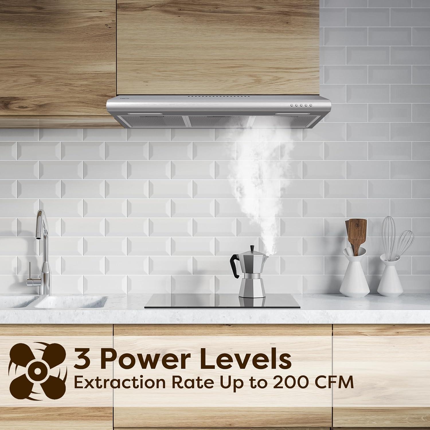 Under Cabinet Range Hood 30 inch Vent Hood for Kitchen with 3 Speed Exhaust Fan, Ducted and Ductless Convertible, Stainless Steel