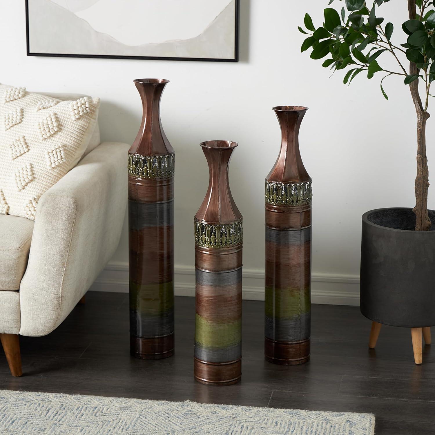 DecMode 34", 31", 28"H Tall Ombre Bronze Metal Vase with Laser Cut Antefix Design, Set of 3