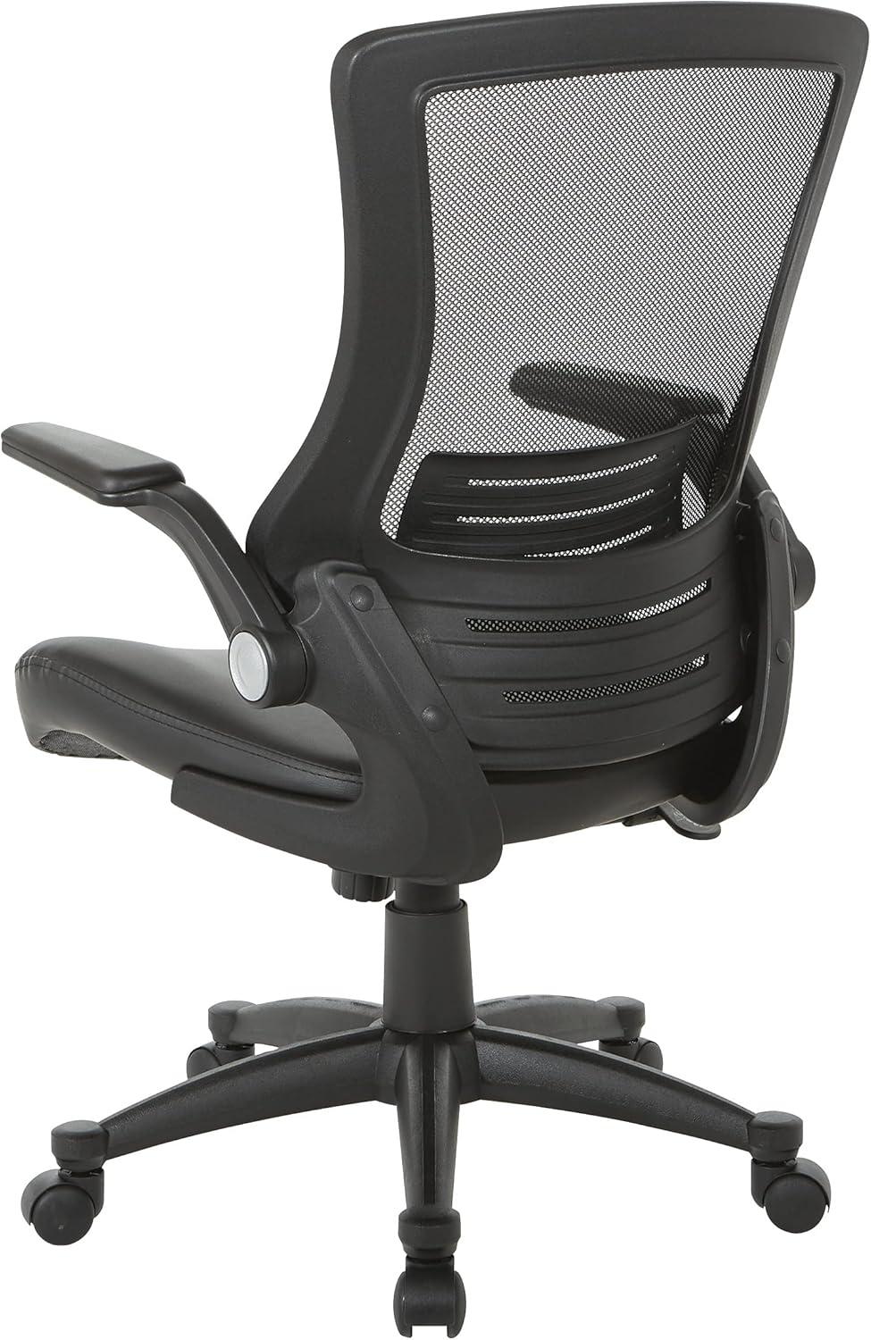 Office Star Products Screen Back Manager's Chair in Black Faux Leather Seat with PU Padded Flip Arms with Silver Accents