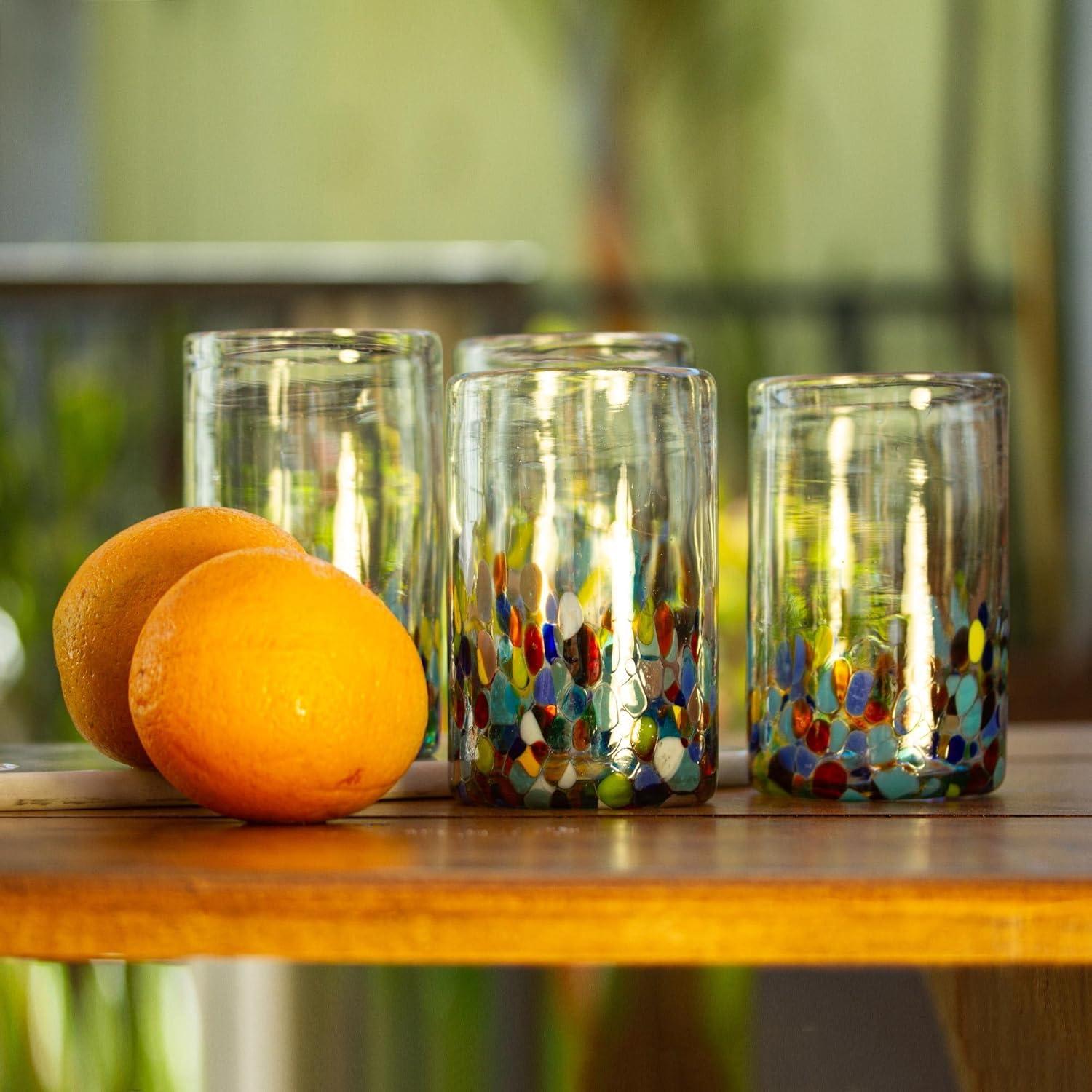 NOVICA Artisan Crafted Recycled Hand Blown Glass Water Glasses, Multicolor, 14 Oz, 'Confetti' (Set Of 6)