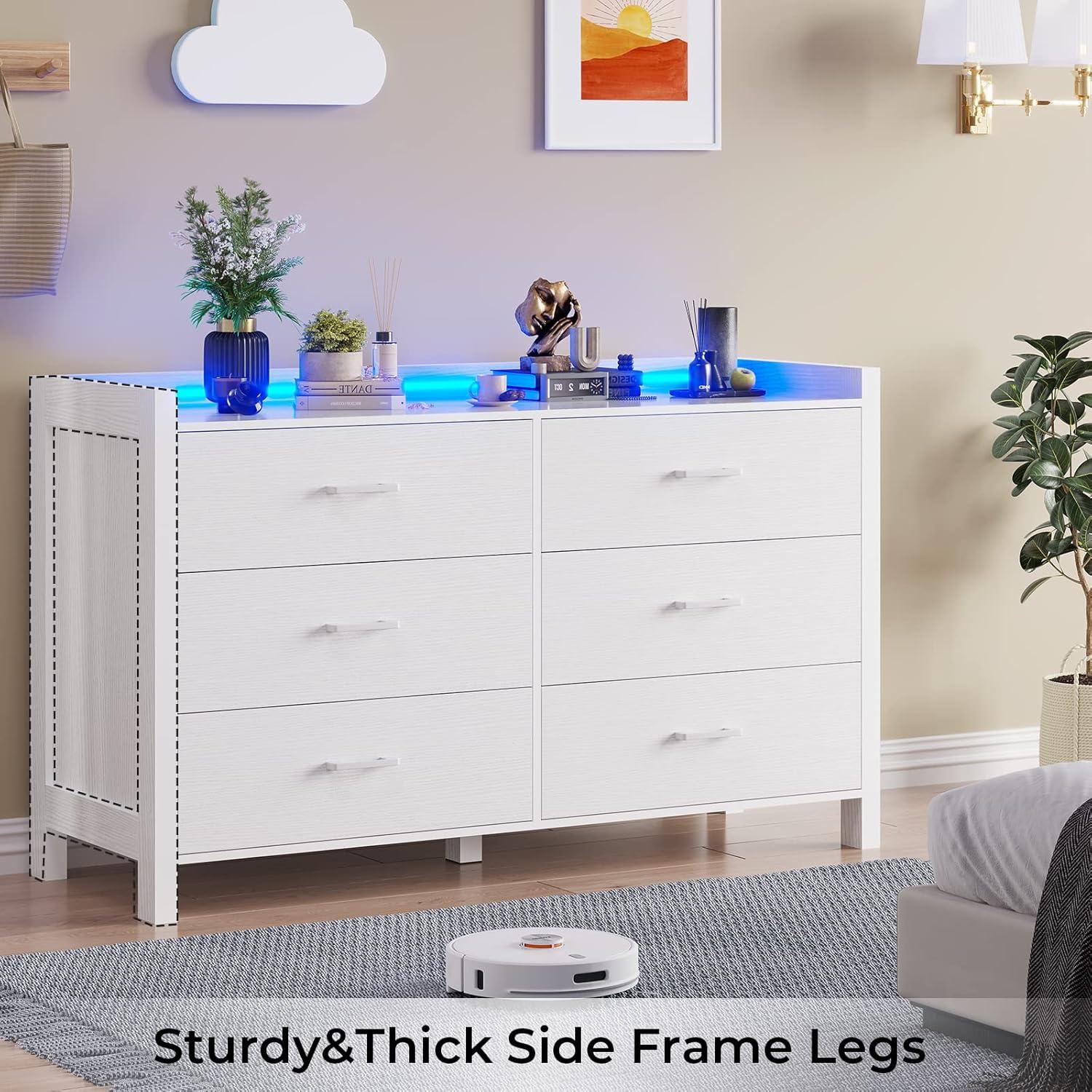 White Dresser with 6 Drawers for Bedroom, Modern Chest of Drawers Storage Dresser with LED Lights for Living Room