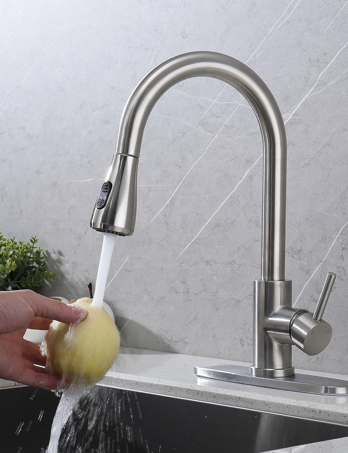 Brushed Nickel Kitchen Sink Faucet with Pull Down Sprayer Single Handle Single Hole Mixer Tap