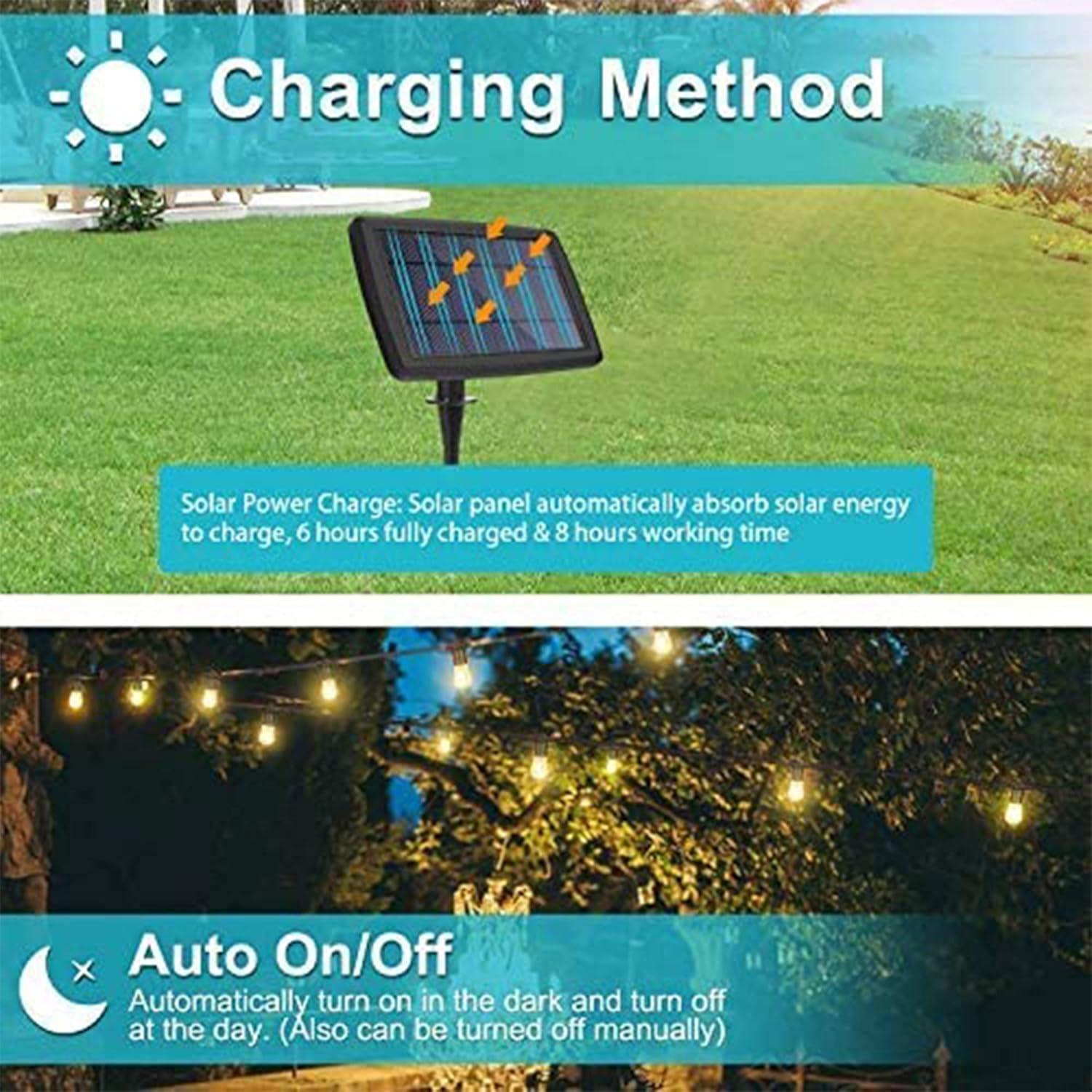 Banord LED 24 Foot Solar Powered String Lights with Vintage Style Waterproof, Shatterproof Plastic Bulbs for Exterior Decoration and Outdoor Use