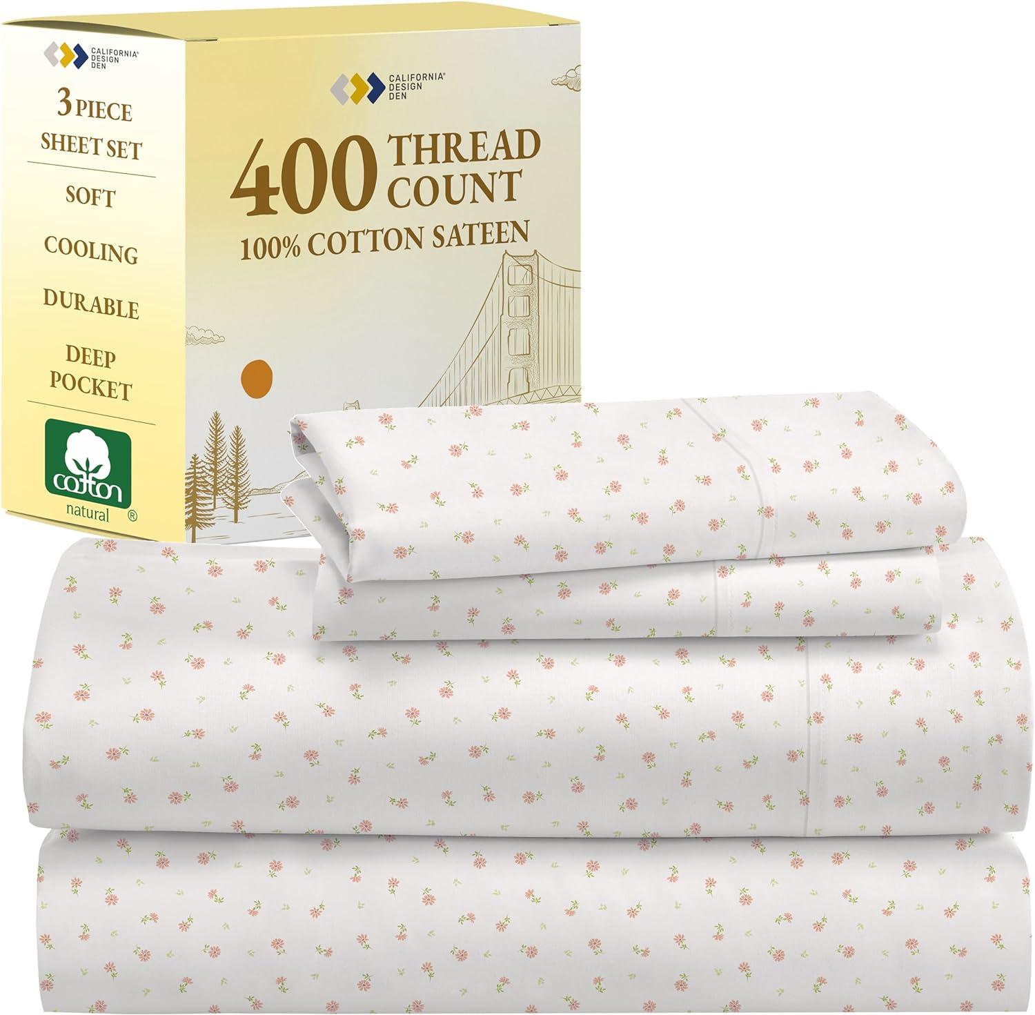 Twin Soft Floral Cotton Sateen Deep Pocket Sheet Set