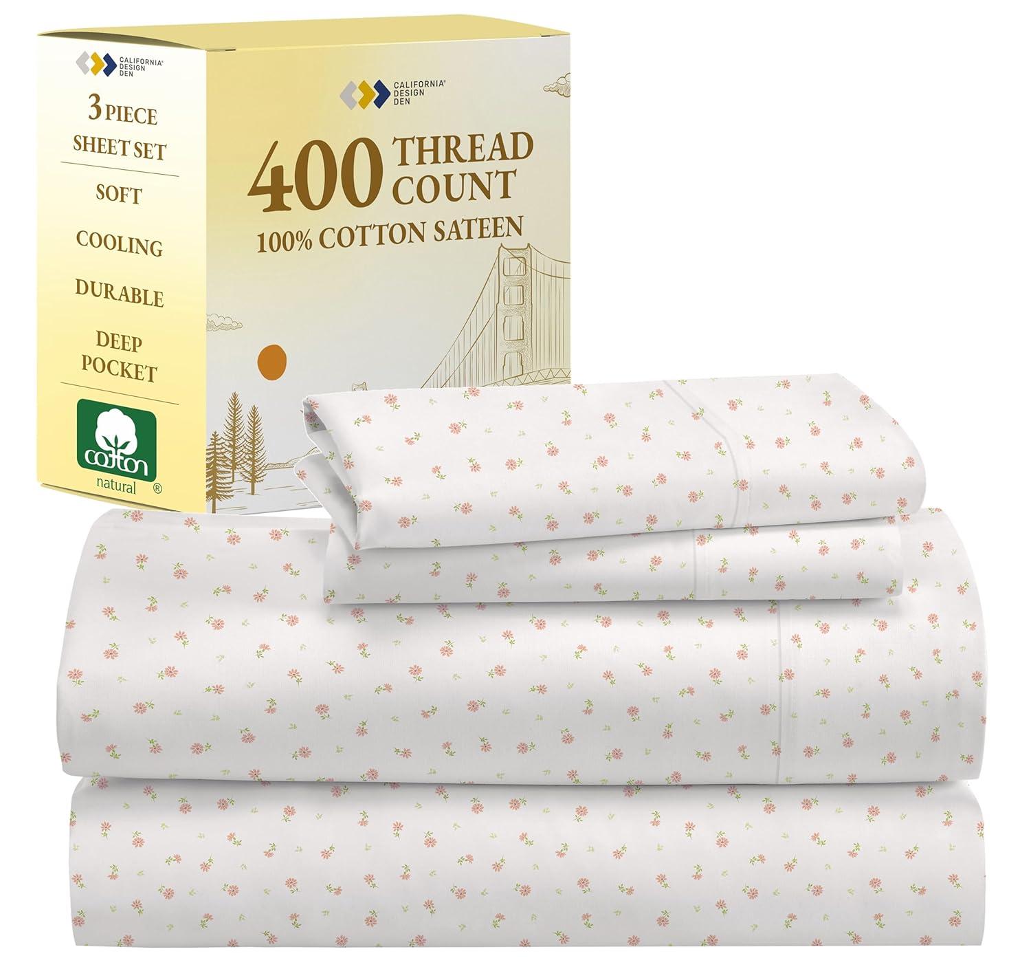 California Design Den Soft Floral Printed Twin Size Sheets Set - 400 Thread Count 100% Cotton Sateen - Soft Floral