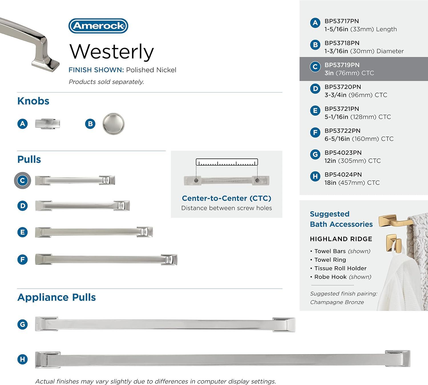 Amerock Westerly 3 inch (76mm) Center-to-Center Polished Nickel Cabinet Pull