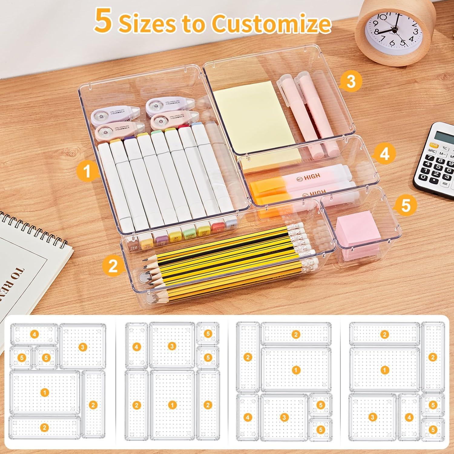 SMARTAKE 13-Piece Drawer Organizers with Non-Slip Silicone Pads, 5-Size Desk Drawer Organizer Trays Storage Tray for Makeup, Jewelries, Utensils in Bedroom Dresser, Office and Kitchen, Clear