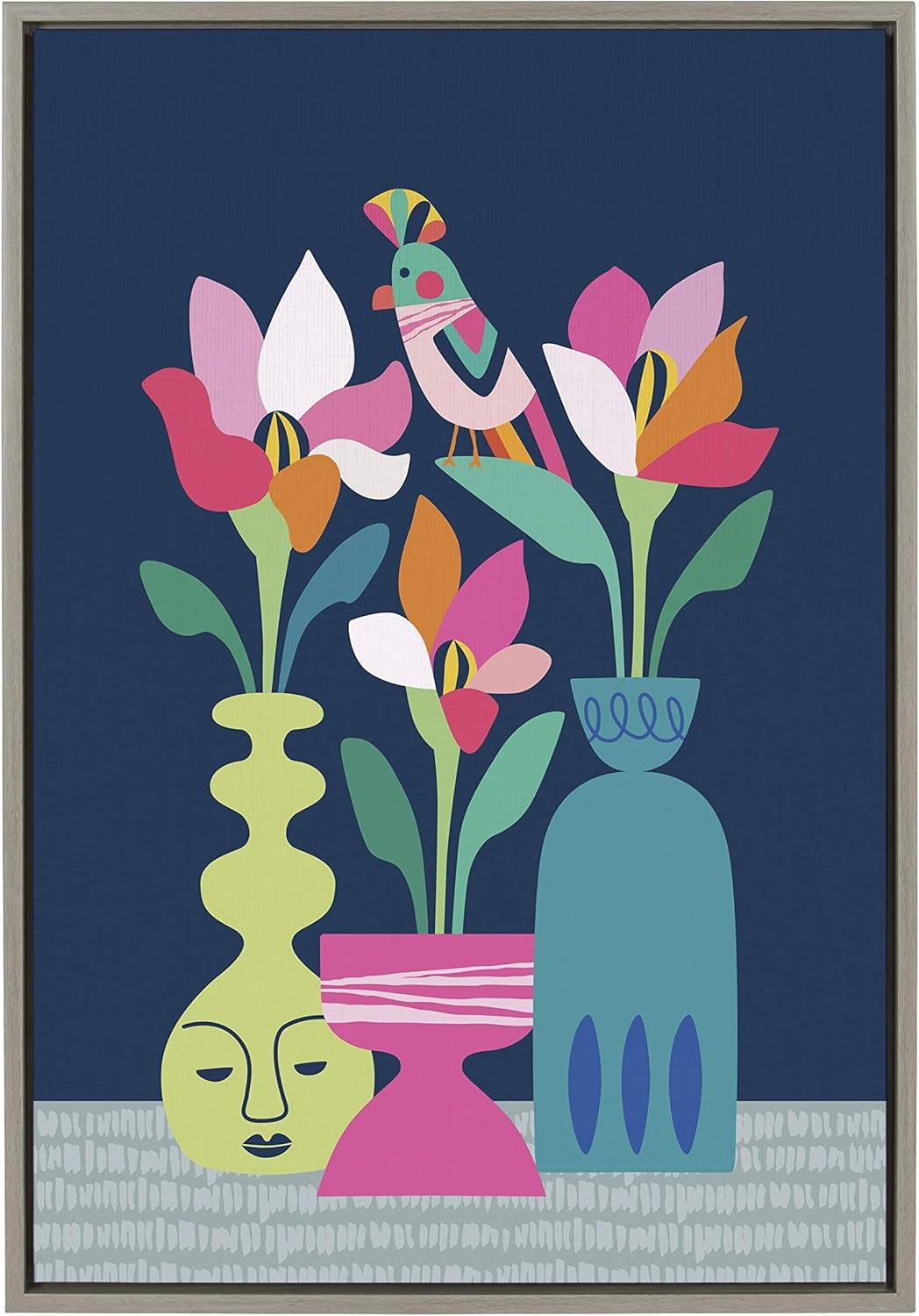 Kate and Laurel Sylvie Mid Century Modern Magnolias Framed Canvas by Rachel Lee of My Dream Wall, 23x33, Gray