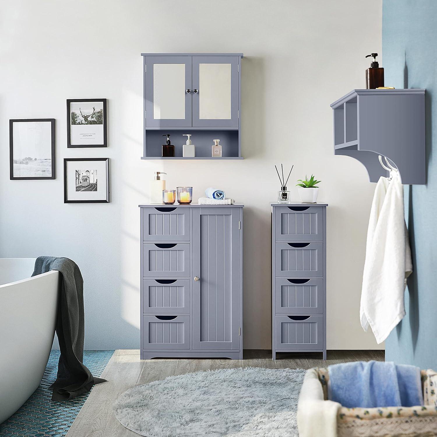 Yaheetech  Bathroom Floor Cabinet Slim Bath Cabinet with 4 Drawers Grey