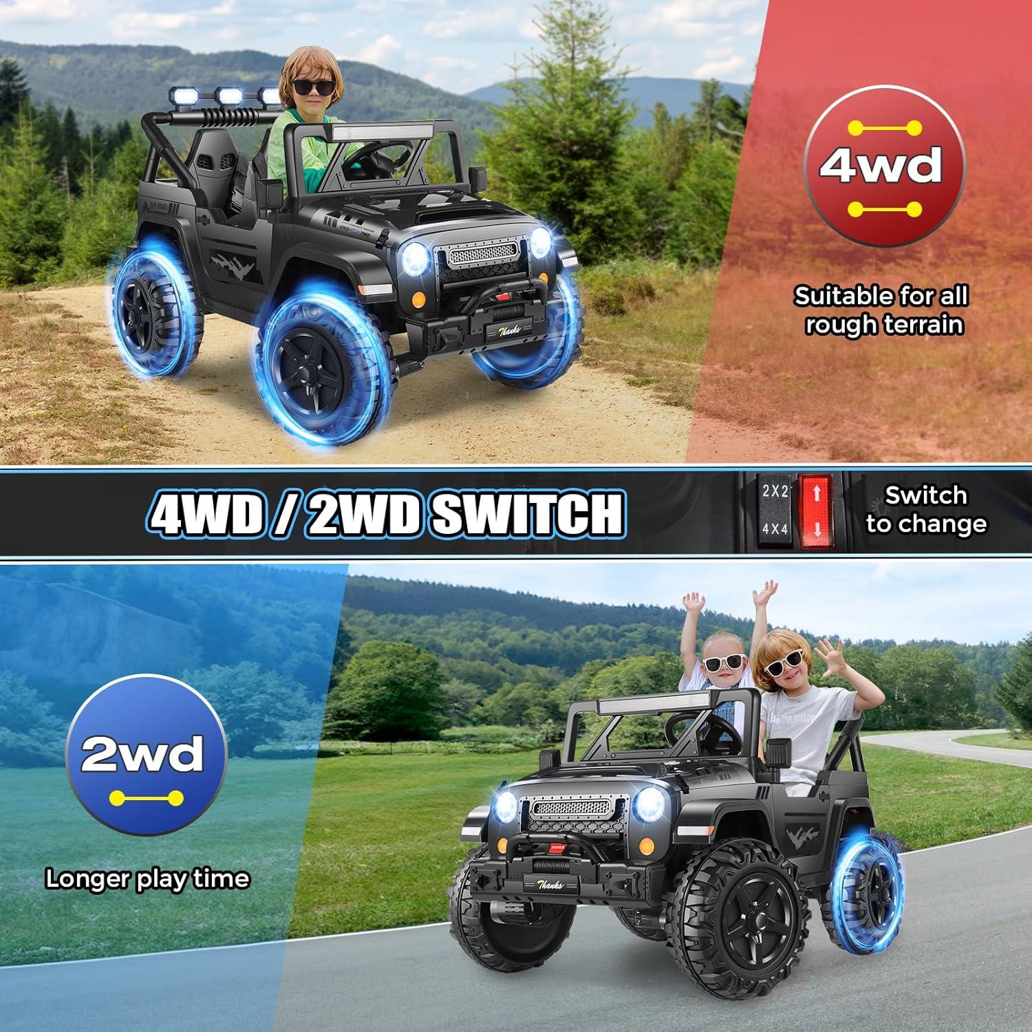 Ancheer Alex 24V 4WD//2WD Ride On Jeep Truck,2 Seater Kids UTV With 4X200w Powerful Engine,Remote Control,Bluetooth,20 Wide Seat,Vehicles for Kids Toddlers