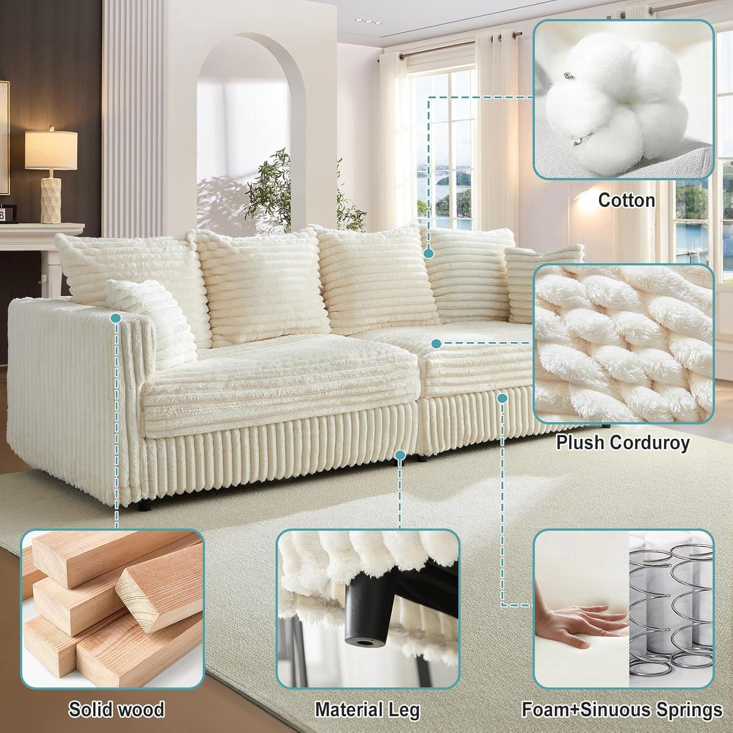 104.3''Cloud Sectional Couch,Oversized Living Room Convertible Sofa, Plush Corduroy Sofa W/6 Soft Pillows,4 Deep Seat Memory Foam Couches,Plush Couch for Living Room, Apartment (Beige)