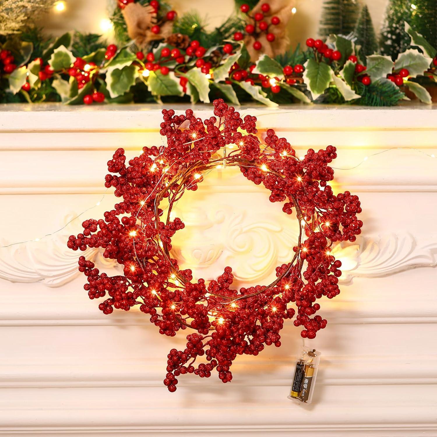 6ft Red Glitter Berry Lighted Christmas Garland