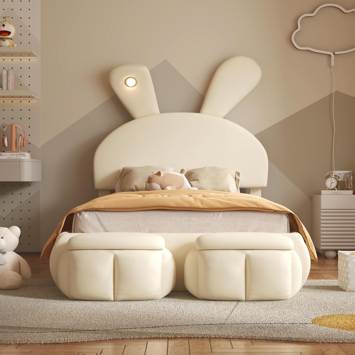 Sesslife Twin Bed Frame for teens, Upholstered Bed Frame with 2 Storage Stools and LED Light, Cute Bed Frame with Rabbit-Ears Shaped Headboard, Cartoon Twin Bed Frame, No Box Spring Needed, Beige