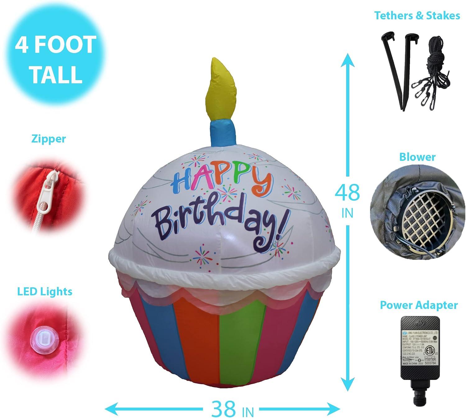 4 Foot Tall Cute Happy Birthday Inflatable Cupcake with Candle Lighted Blowup Party Decoration for Outdoor Indoor Home Celebration Garden Yard Prop