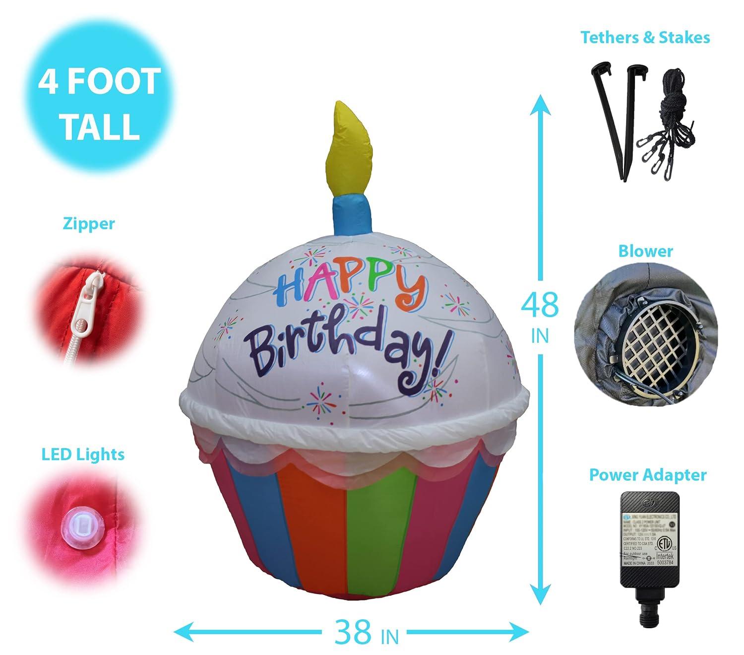 4 Foot Tall Cute Happy Birthday Inflatable Cupcake with Candle Lighted Blowup Party Decoration for Outdoor Indoor Home Celebration Garden Yard Prop