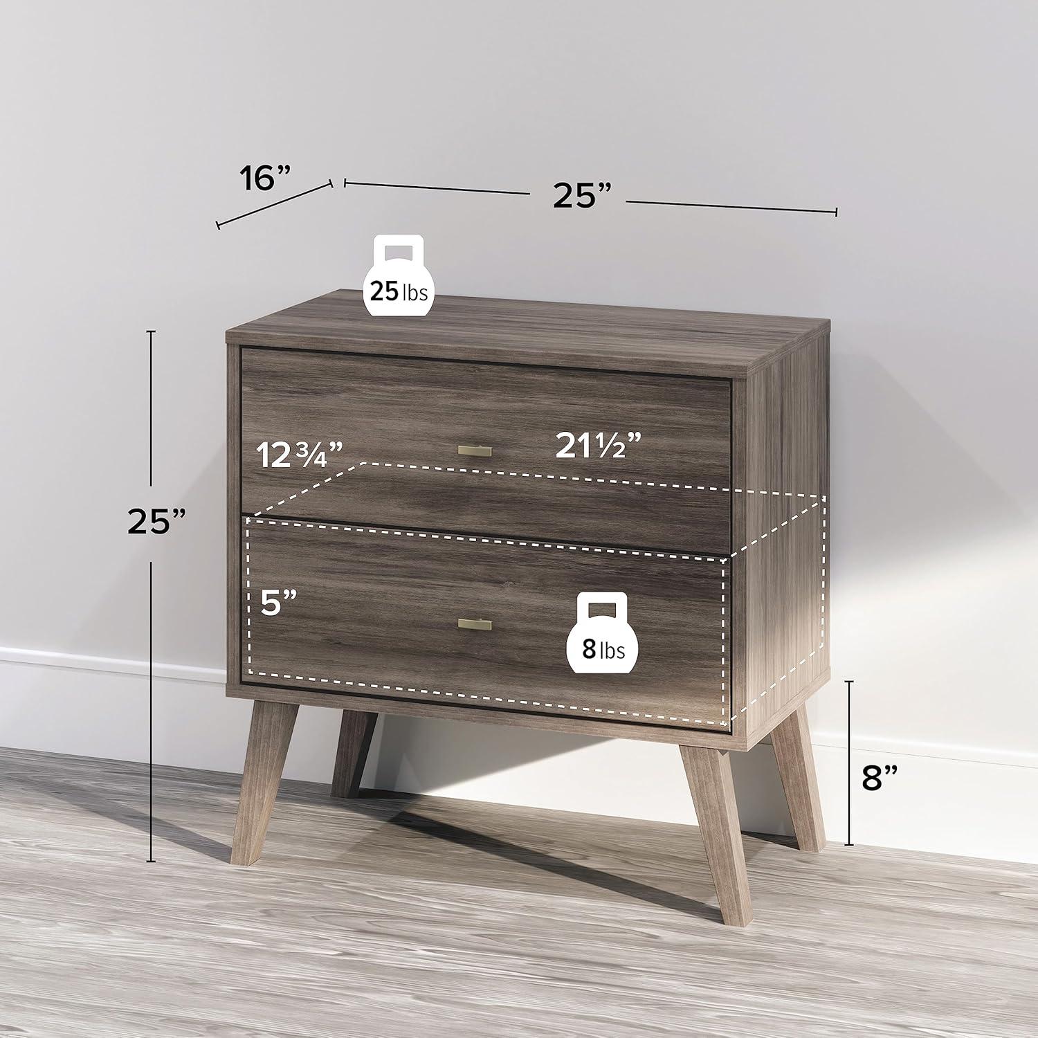 Prepac Mid Century Modern 2 Drawer Wide Nightstand Drifted Gray : Rubberwood Construction, Rectangle Shape, 25" Height
