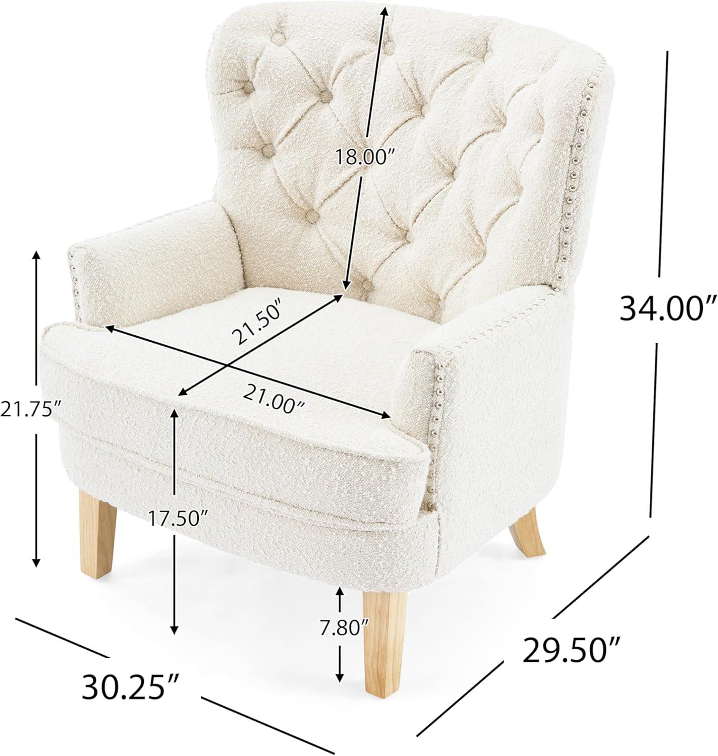 Handcrafted White Boucle Barrel Accent Chair with Oak Legs