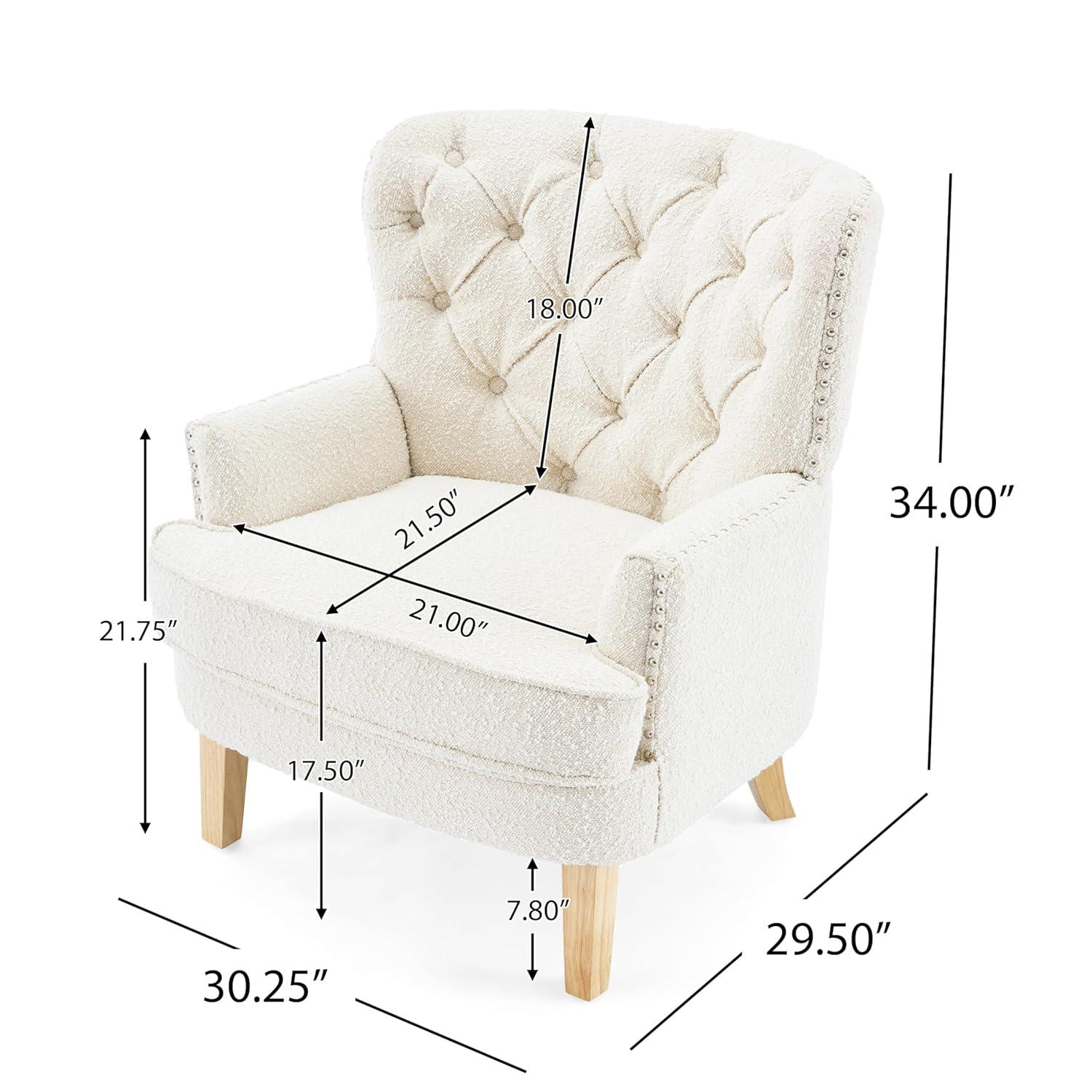 Christopher Knight Home Kingston Mid Century Accent Chair, Boucle Fabric Arm Chair, Upholstered Club Chair, Tufted Sofa Chair, Single Reading Sofa for Living Room, Home Rest, White + Oak