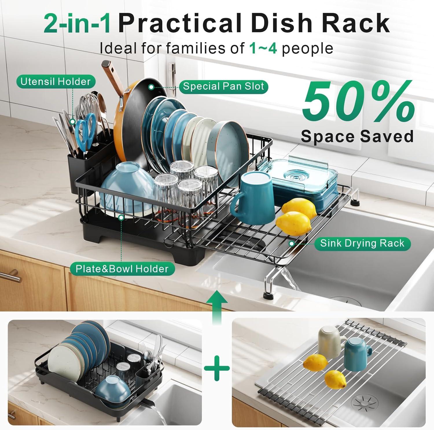 Dish Drying Rack - Expandable Dish Rack for Kitchen Counter, Stainless Steel Dish Drainer with Drainboard Set and Utensil Holder, Sink Drying Dish Strainer Rack (Black)