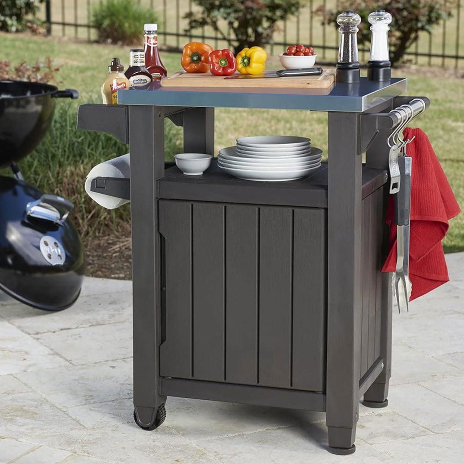 Keter Unity 40 Gal Patio Storage Grilling Bar Cart w/ Stainless Steel Top