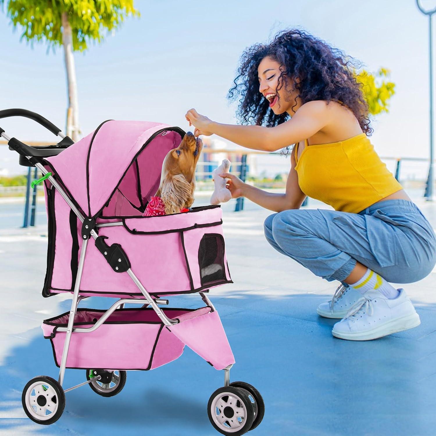 Pink 3-Wheel Foldable Waterproof Dog Stroller with Storage